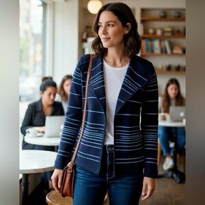 Cache Navy and White Striped Blazer